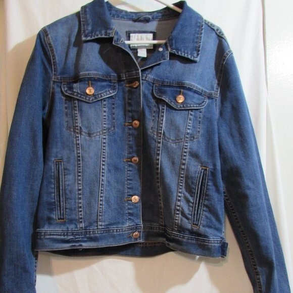 FOREVER 21 CLASSIC DENIM JEAN JACKET SIZE M BLUE DARKER WASH STRETCH - Picture 1 of 9